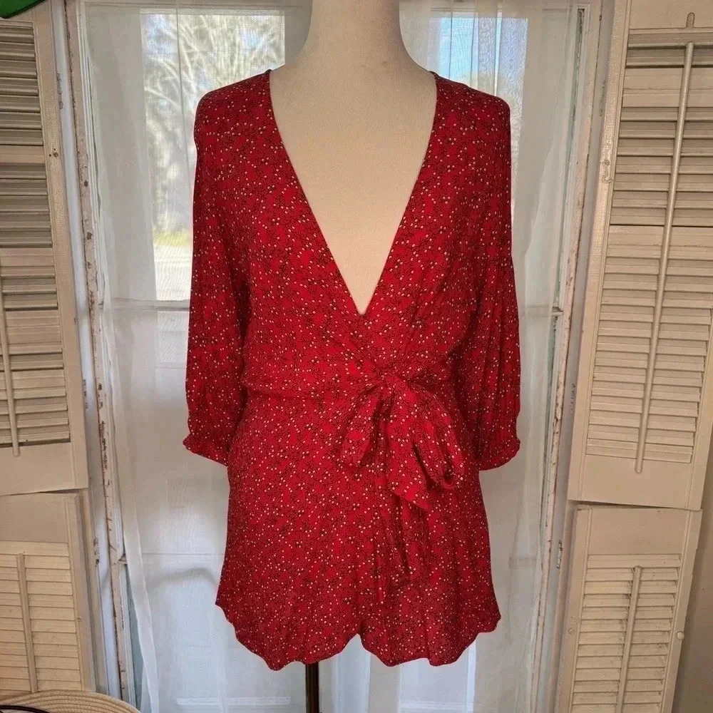 Free People Clara Floral Mini Tunic Dress in red ditsy floral print - Picture 3 of 10